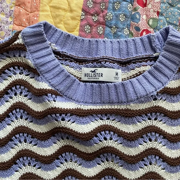 Hollister Brown, Purple and White wavy Crochet Drop sleeve sweater - Picture 2 of 4